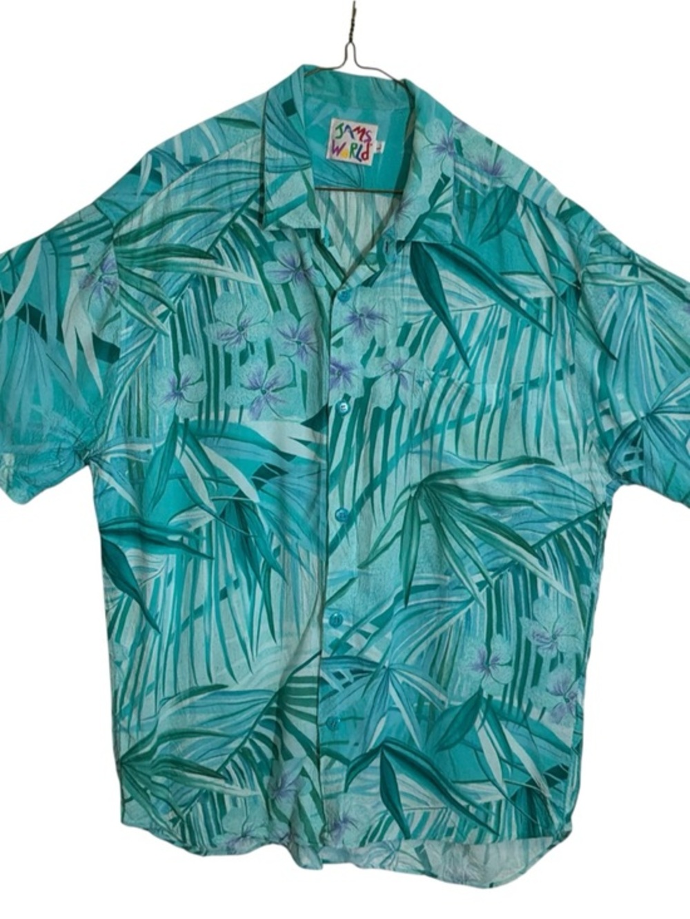 Vintage Jams World Teal & Aqua Tropical Print Short-Sleeve Button-Down Shirt L